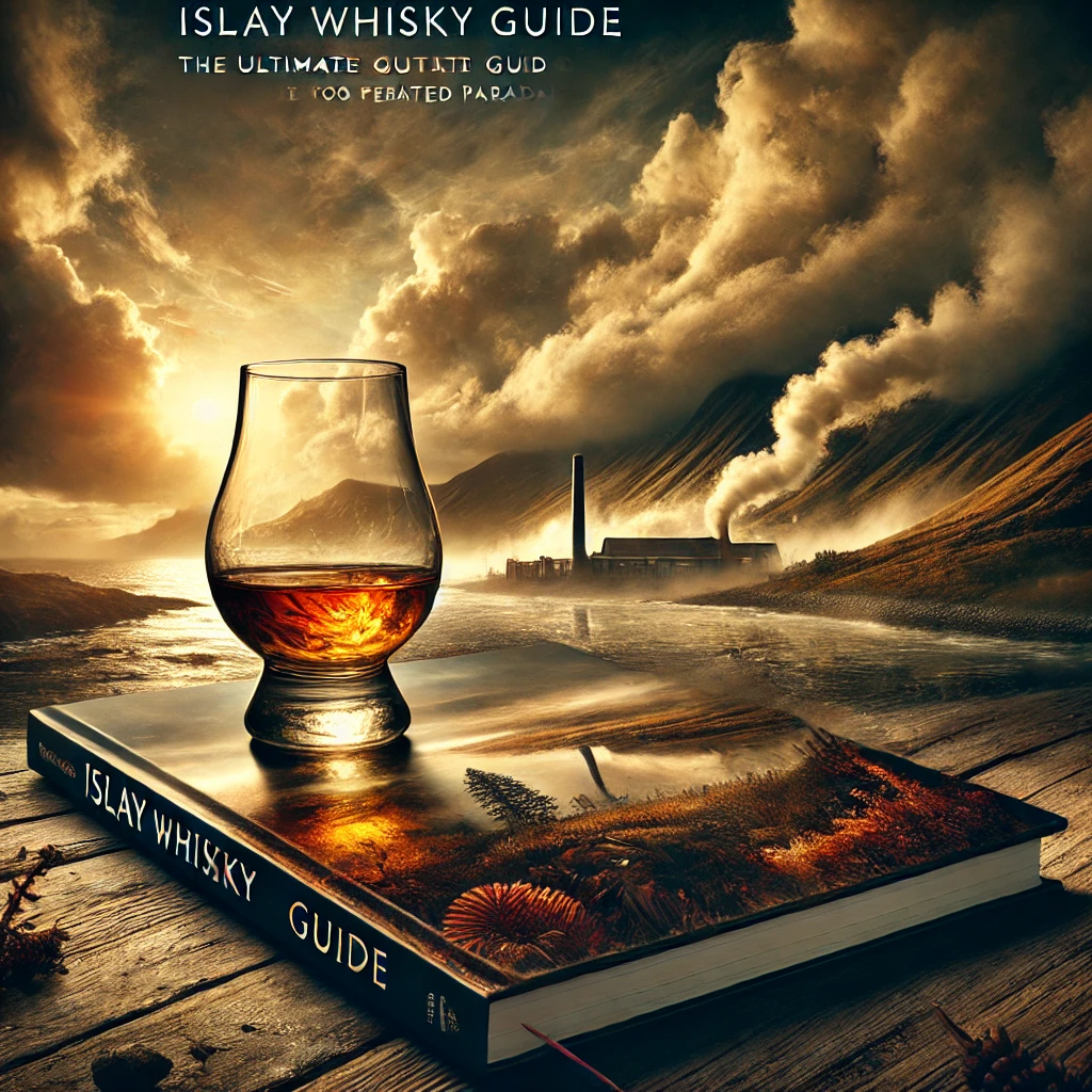 The image captures the rugged beauty of Islay, complete with a misty coastline, a golden whisky glass on a weathered barrel, and the essence of the island's rich peaty flavors.