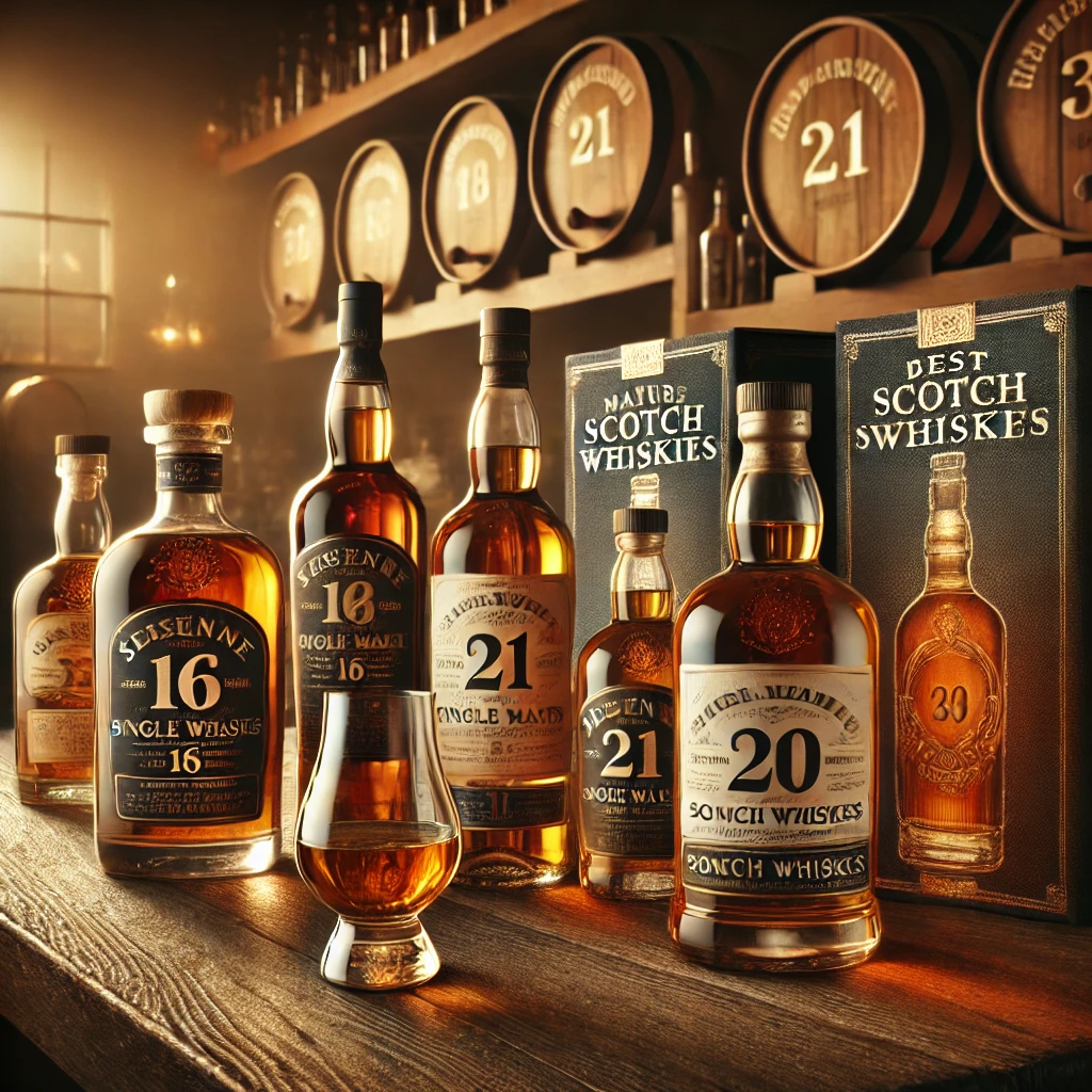 Premium display of aged Scotch whisky bottles including 16, 21, and 30-year-old single malts with elegant packaging and glassware in a warm tasting room setting