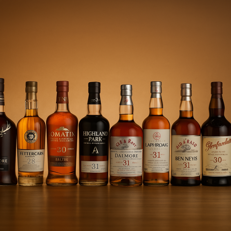 Nine bottles of aged Scotch whisky — Dalmore 21, Fettercairn 28, Tomatin 30, Highland Park 32, Dalmore 31, Laphroaig 32, Ben Nevis 31, Glenfarclas 30, and Port Dundas 19 — arranged on a wooden surface with a warm gradient background.