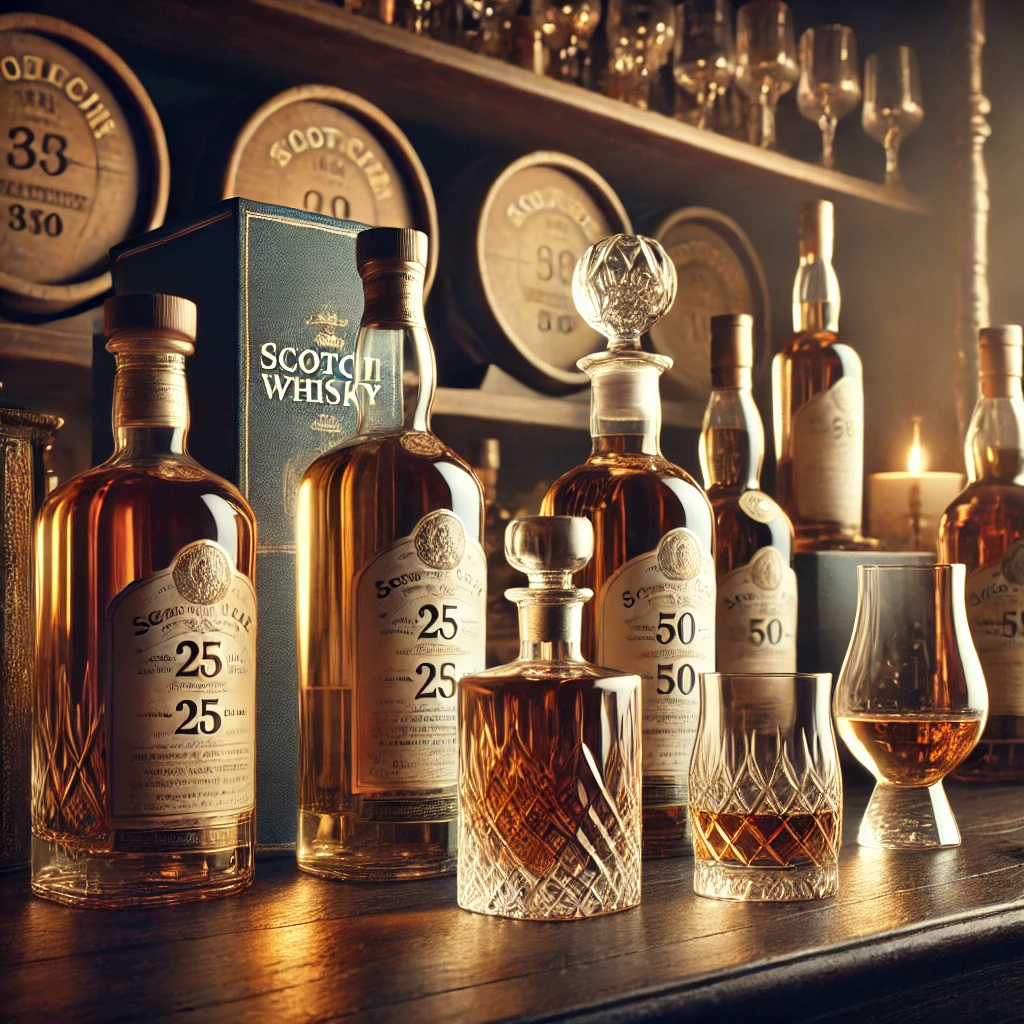 Luxurious display of rare Scotch whisky bottles including aged 25 and 50 year old single malts in a premium whisky tasting room setting